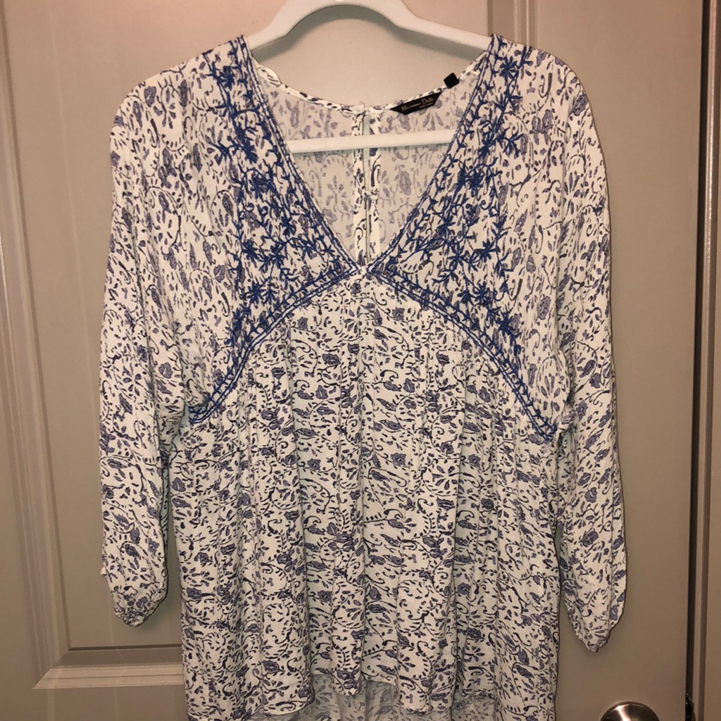 Deep V Blue Patterned Blouse
